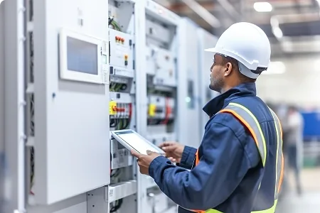 Ingenieur prüft eine Schaltanlage auf der Baustelle